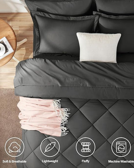 CozyLux Twin Bed in a Bag Comforter Set with Sheets 5-Pieces for Girls and Boys Dark Grey All Season Bedding Sets with Comforter, Pillow Sham, Flat Sheet, Fitted Sheet and Pillowcase - LeafyLoom