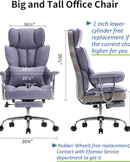 Desk Office Chair 400LBS,Big and Tall PU Leather Computer Chair,Executive Office Chair with Leg Rest and Lumbar Support, High Back Home Office Chair，Light Purple Office Chair - LeafyLoom