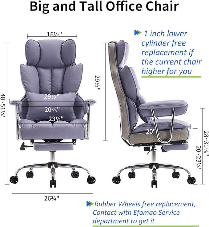 Desk Office Chair 400LBS,Big and Tall PU Leather Computer Chair,Executive Office Chair with Leg Rest and Lumbar Support, High Back Home Office Chair，Light Purple Office Chair - LeafyLoom