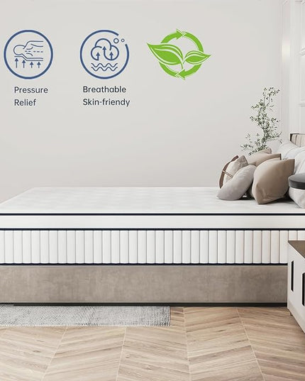 King Mattress 10 Inch, King Size Mattress in a Box, Hybrid Mattress with Pocket Spring and Soft Foam, Ultimate Motion Isolation, Strong Support, Medium Firm, Upgraded Strength - LeafyLoom