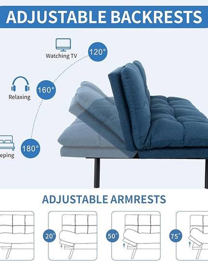 MUUEGM Futon Sofa Bed,Convertible Memory Foam Futons Couch Bed,Folding Sofa Bed Sleeper Couch Loveseat for Living Room,office,Apartment,Small Space,Adjustable Backrest Armrests,Blue - LeafyLoom
