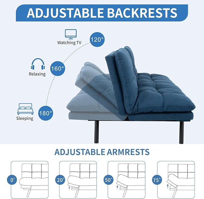 MUUEGM Futon Sofa Bed,Convertible Memory Foam Futons Couch Bed,Folding Sofa Bed Sleeper Couch Loveseat for Living Room,office,Apartment,Small Space,Adjustable Backrest Armrests,Blue - LeafyLoom