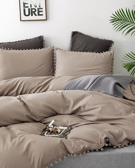 Deep Champagne Comforter Set Full Pom Pom Fringe Comforter 3 PCs Soft Taupe Boho Ball Pom Pom Full Comforter Bedding Women Men Solid Dark Khaki Full Bed Comforter Set All Season Gift - LeafyLoom