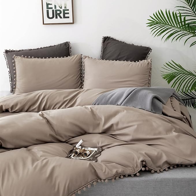 Deep Champagne Comforter Set Full Pom Pom Fringe Comforter 3 PCs Soft Taupe Boho Ball Pom Pom Full Comforter Bedding Women Men Solid Dark Khaki Full Bed Comforter Set All Season Gift - LeafyLoom