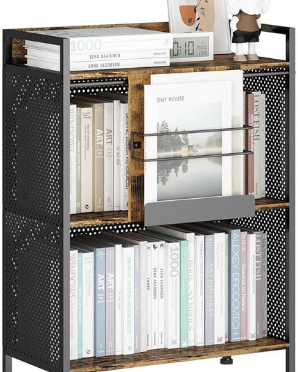 3 Tier Large Bookshelf with Storage Cabinet, Metal Industrial Bookcase Storage Organizer with Sliding Door, Open Standing Shelf Unit for Bedroom, Living Room, Home Office, Rustic Brown - LeafyLoom