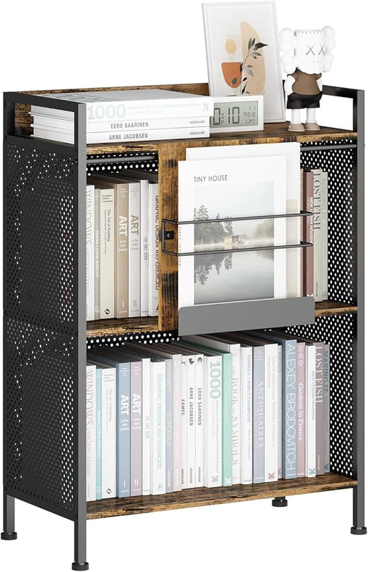 3 Tier Large Bookshelf with Storage Cabinet, Metal Industrial Bookcase Storage Organizer with Sliding Door, Open Standing Shelf Unit for Bedroom, Living Room, Home Office, Rustic Brown - LeafyLoom