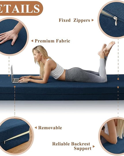 Convertible Folding Sofa - Modern Linen Fabric Coffee Table, Foldable Floor & Futon Couch, Space-Saving Chair with Pillow for Living Room/Dorm/Guest Room/Home Office/Apartment,Twin XL,Navy Blue - LeafyLoom