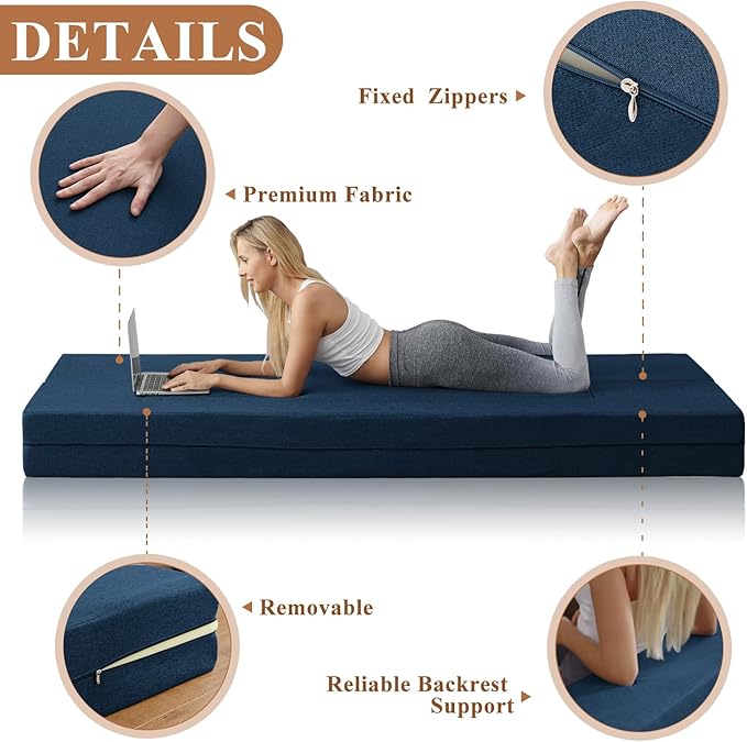Convertible Folding Sofa - Modern Linen Fabric Coffee Table, Foldable Floor & Futon Couch, Space-Saving Chair with Pillow for Living Room/Dorm/Guest Room/Home Office/Apartment,Twin XL,Navy Blue - LeafyLoom