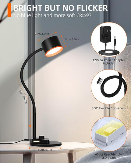 Desk Lamp, LED Desk Lamp with USB C + A Charging Ports, 5 Colors Fully Dimmable Eye Care Reading Lamp for Bedside Table Full Metal Efficient Gooseneck Table Lamp for Home Office Black - LeafyLoom