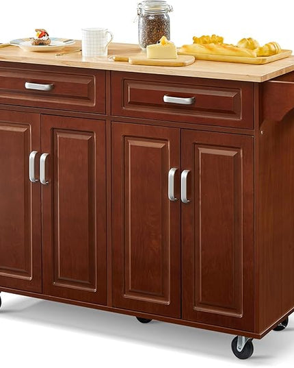 54“ Large Kitchen Island with Storage, Kitchen Cart on Wheels with 2 Large Drawers, Adjustable Shelf Inside Cabinet, Spice Rack & Towel Rack, Simple Design Rolling Island Table for Kitchen - LeafyLoom