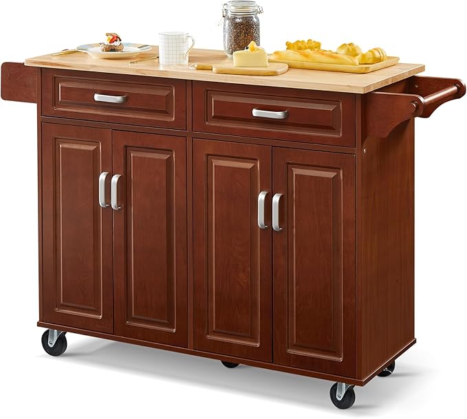 54“ Large Kitchen Island with Storage, Kitchen Cart on Wheels with 2 Large Drawers, Adjustable Shelf Inside Cabinet, Spice Rack & Towel Rack, Simple Design Rolling Island Table for Kitchen - LeafyLoom