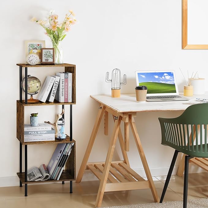 ETELI 4 Tier Bookshelf S-Shaped Small Bookcase Modern Freestanding Multifunctional Wooden Book Shelves for Farmhouse, Living Room, Bedroom, and Home Office - LeafyLoom