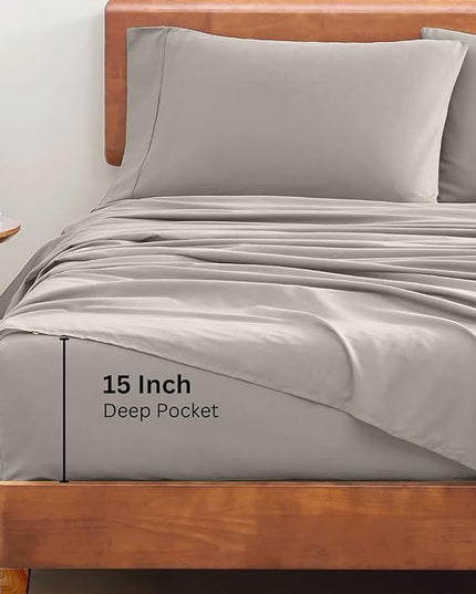 LANE LINEN 100% Organic Cotton Sheets Twin Size, 3Pc Cotton Twin Sheet Set, Hotel Luxury Sheets, Percale Bed Sheets, Cooling Sheet & Pillowcase Sets, 15" Deep Twin Mattress Fitted Sheet - Silver - LeafyLoom