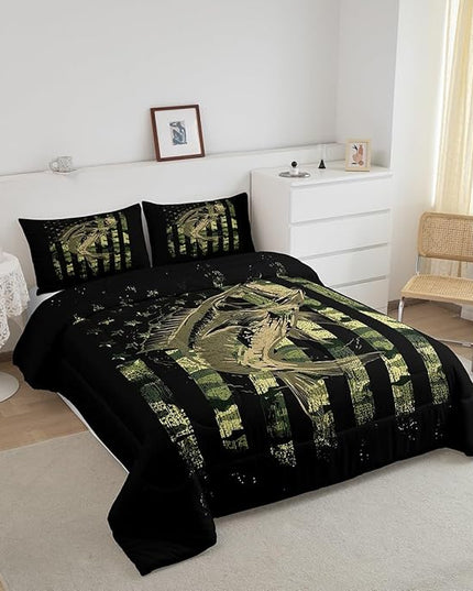 Green Black Camouflage Comforter Set Fish Camo American Flag Bedding Set for Women Men Room Farmhouse Fishing Decor Comforter Wild Quilted Set 3Pcs Queen Size - LeafyLoom
