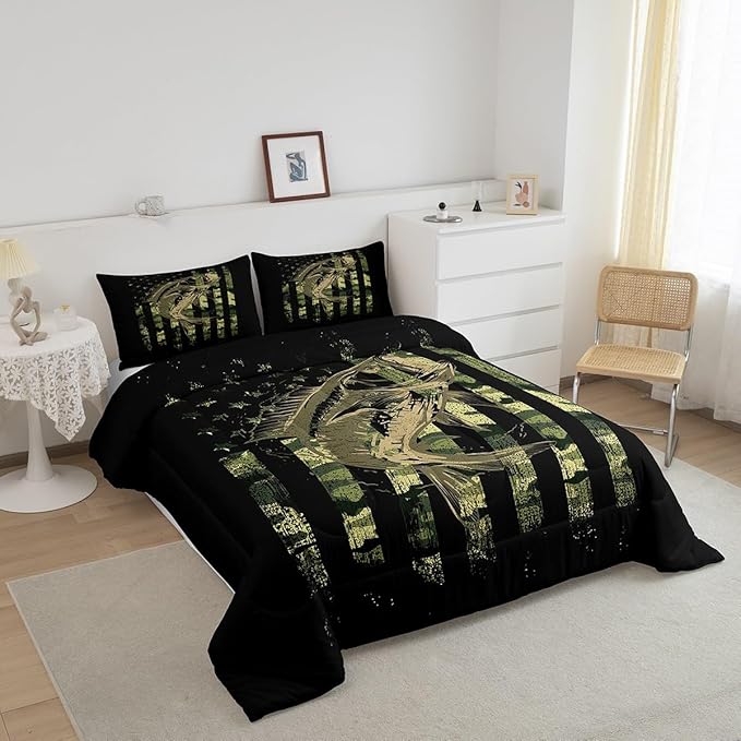 Green Black Camouflage Comforter Set Fish Camo American Flag Bedding Set for Women Men Room Farmhouse Fishing Decor Comforter Wild Quilted Set 3Pcs Queen Size - LeafyLoom