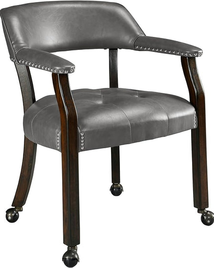 Dining Chairs with Casters and Arms, Rolling Dining Chairs with Wheels, Game Poker Table Chairs, Solid Wood Boss Caption's Chairs Office Desk Chairs, Espresso Legs & Dark Grey, XXY-1910-DG - LeafyLoom