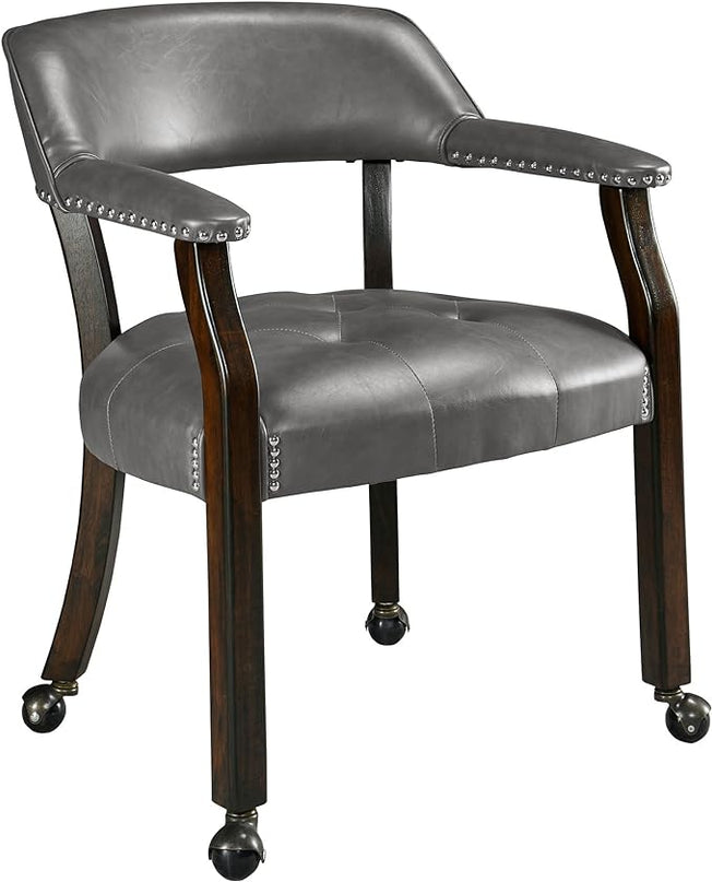 Dining Chairs with Casters and Arms, Rolling Dining Chairs with Wheels, Game Poker Table Chairs, Solid Wood Boss Caption's Chairs Office Desk Chairs, Espresso Legs & Dark Grey, XXY-1910-DG - LeafyLoom