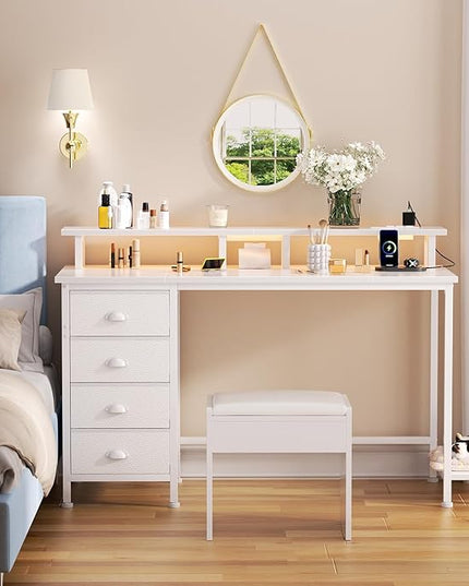 Furologee Desk with Power Outlets and LED Lights, 47in Gaming Computer Desk with 4 Fabric Drawers, Home Office Desk with Full Monitor Stand and Shelf, Study Writing Desk for Bedroom, White - LeafyLoom