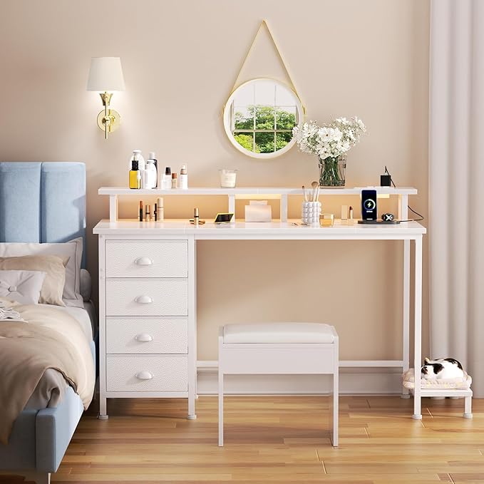 Furologee Desk with Power Outlets and LED Lights, 47in Gaming Computer Desk with 4 Fabric Drawers, Home Office Desk with Full Monitor Stand and Shelf, Study Writing Desk for Bedroom, White - LeafyLoom
