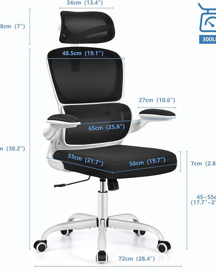 Office Desk Chair, Ergonomic High Back Mesh Office Chair with Lumbar Support and Adjustable Headrest, Swivel Computer Task Chair with Flip-up Arms, Executive Chairs for Home and Work (White) - LeafyLoom