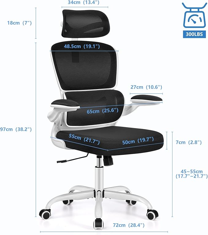 Office Desk Chair, Ergonomic High Back Mesh Office Chair with Lumbar Support and Adjustable Headrest, Swivel Computer Task Chair with Flip-up Arms, Executive Chairs for Home and Work (White) - LeafyLoom