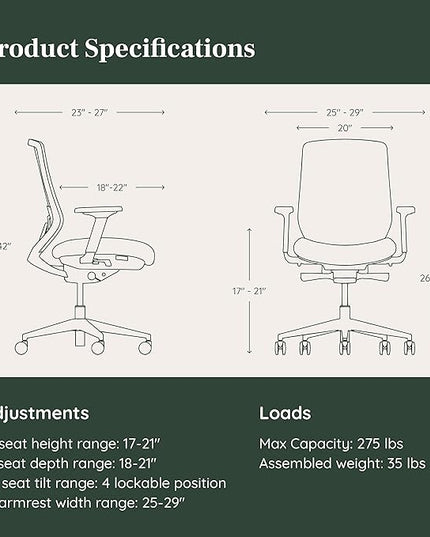 Branch Ergonomic Chair - A Versatile Desk Chair with Adjustable Lumbar Support, Breathable Mesh Backrest, and Smooth Wheels - Experience Optimal Comfort and Support - Graphite - White - LeafyLoom