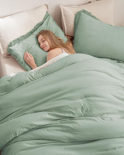 Andency Queen Comforter Set Sage Green, 3 Pieces Boho Tassel Lightweight Bedding Comforter Sets, Winter Soft Fluffy Fringe Bed Set (90x90In Comforter & 2 Pillowcases) - LeafyLoom