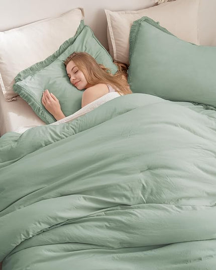 Andency Sage Green Tassel Comforter Set Full(79x90Inch), 3 Pieces(1 Fringe Comforter, 2 Pillowcases) Boho Farmhouse Shabby Chic , Microfiber Lightweight Bedding Set - LeafyLoom