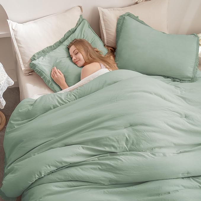Andency Sage Green Tassel Comforter Set Full(79x90Inch), 3 Pieces(1 Fringe Comforter, 2 Pillowcases) Boho Farmhouse Shabby Chic , Microfiber Lightweight Bedding Set - LeafyLoom
