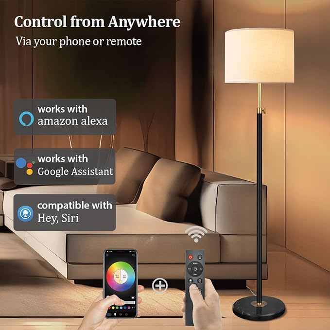 Black Gold Floor Lamps for Living Room with Remote Control, Marble Base 1200 Lumens 15W Adjustable Height Modern Floor Lamp Tall Lamp for Bedroom, Smart Control Alexa & Google Assistance Compatible - LeafyLoom