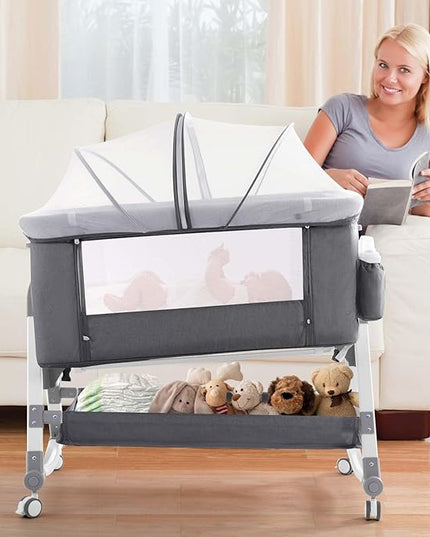 4 in 1 Baby Bassinet,Easy Folding Portable Bedside Crib with Comfy Mattress and Wheels,Height Adjustable Bassinet with Mosquito net Included,Grey - LeafyLoom