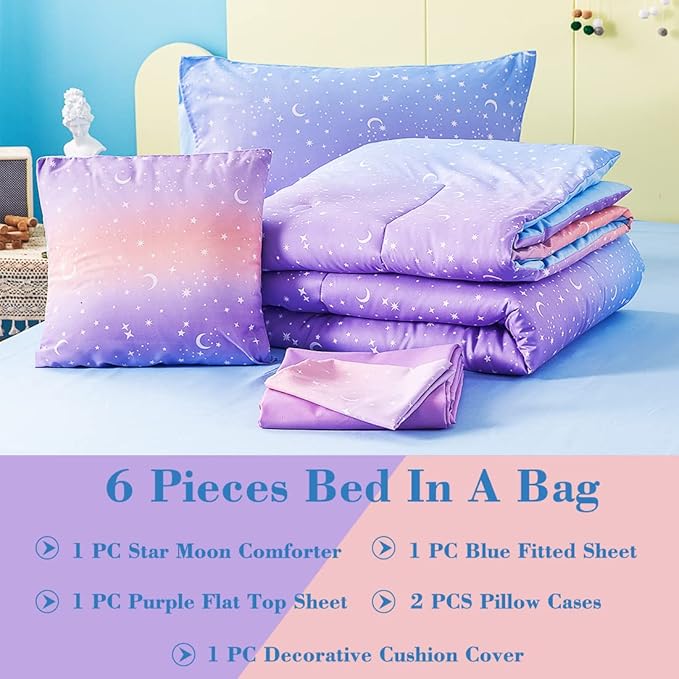 URBONUR Girls Comforter Set Queen 6PCS Gradient Purple Orange Glitter Moon Star Printed Bed in a Bag Soft Breathable Bedding Set for All Season (Star, Queen Size) - LeafyLoom