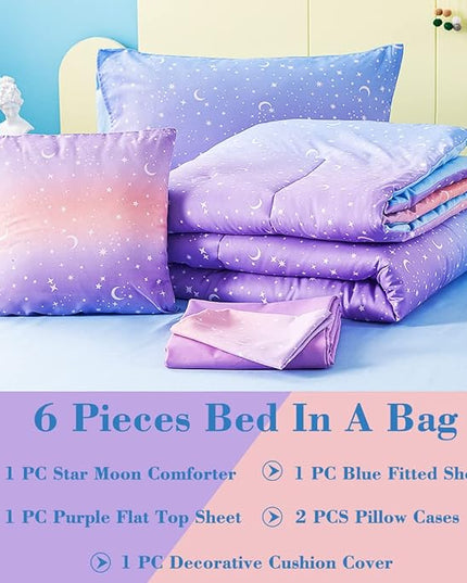 URBONUR Girls Comforter Set Full Size Gradient Purple Orange Moon Star Print Bedding Comforter with Sheets Set 6 Pcs Bed in A Bag (Comforter, Flat Sheet, Fitted Sheet, Pillowcases and Cushion Cover) - LeafyLoom