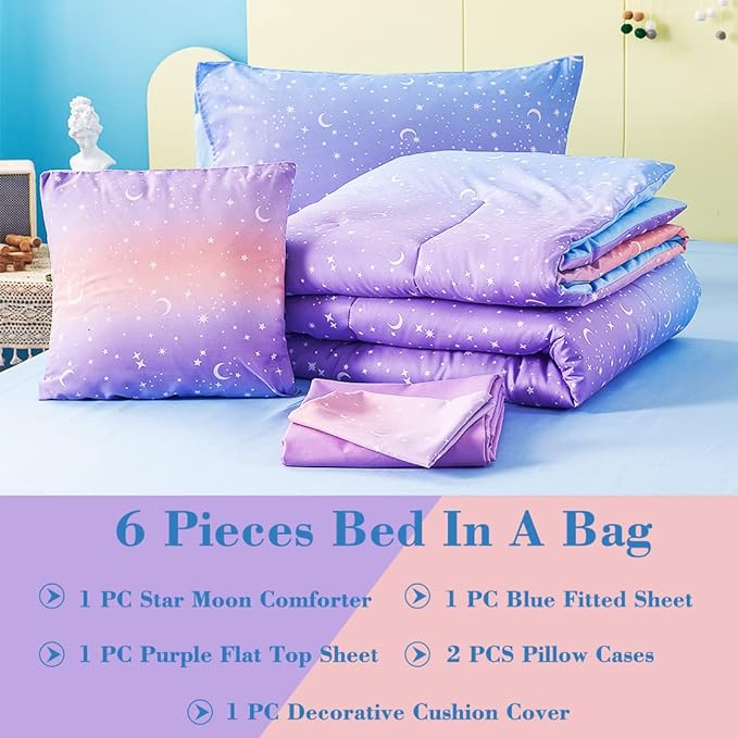 URBONUR Girls Comforter Set Full Size Gradient Purple Orange Moon Star Print Bedding Comforter with Sheets Set 6 Pcs Bed in A Bag (Comforter, Flat Sheet, Fitted Sheet, Pillowcases and Cushion Cover) - LeafyLoom
