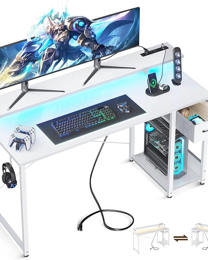 AODK Gaming Desk with LED Lights & Power Outlet, 55 Inch Computer Desk with Drawer, Reversible Desk with Adjustable Monitor Shelf & Headphone Hook for Home Office, White - LeafyLoom