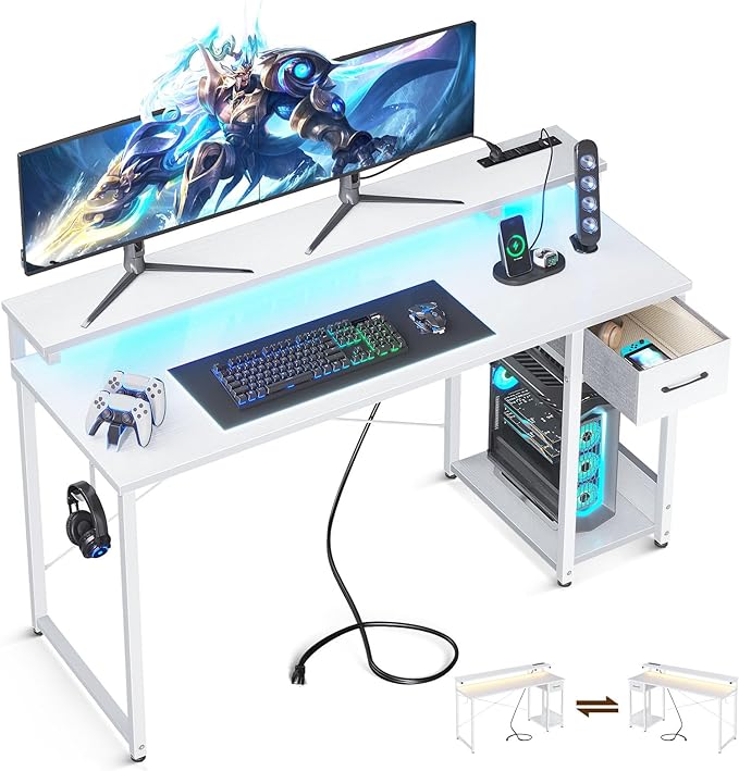 AODK Gaming Desk with LED Lights & Power Outlet, 55 Inch Computer Desk with Drawer, Reversible Desk with Adjustable Monitor Shelf & Headphone Hook for Home Office, White - LeafyLoom