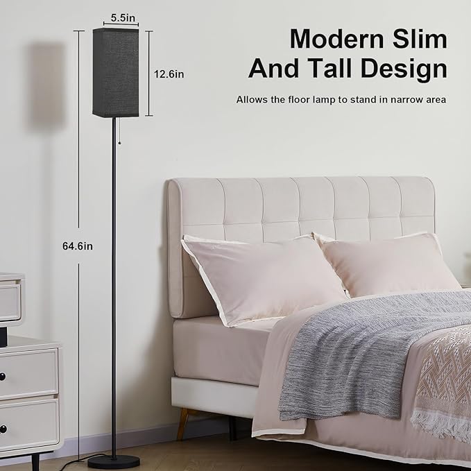 Black Floor Lamps for Living Room - 3 Color Temperature Standing Lamps with Pull Chain Switch, Tall Lamp for Office Home Nursery and Hotel, Pole Lamp with Black Lampshade for Reading - LeafyLoom