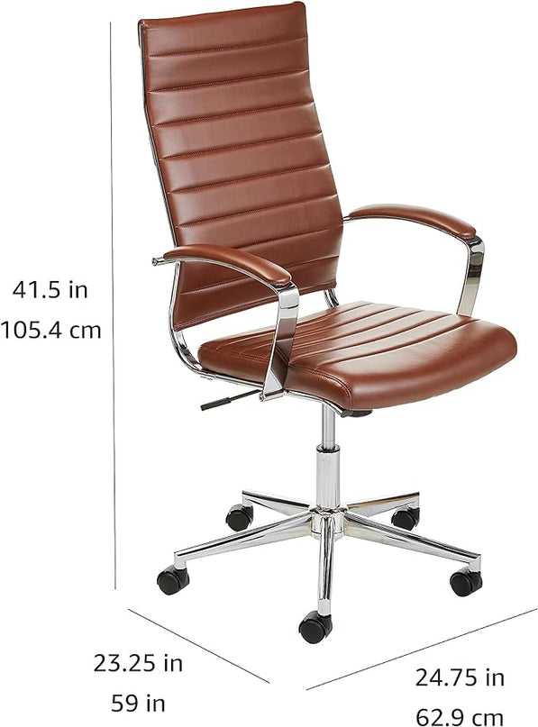 Amazon Basics Executive Modern High-Back Adjustable Rolling Office Computer Desk Chair with Armrests, 360 Swivel, 330 Pound Capacity, 23.25"D x 24.75"W x 45.25"H, Chrome, Brick Red Faux Leather - LeafyLoom