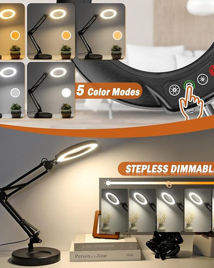 Veemagni 10X Magnifying Glass with Light, 5 Color Modes Stepless Dimmable 2-in-1 Desk Lamp and Clamp, LED Lighted Magnifier with Light and Stand, Hands Free for Craft Repair Hobby Painting Close Work - LeafyLoom