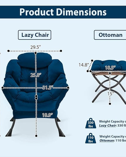 Lazy Chair with Folding Ottoman, Accent Chair Velvet Upholstered with Metal Structure and Non-Slip Pads, Sofa Armchair with Footrest and Side Storage Bag for Dorm, Room, Office, Blue - LeafyLoom