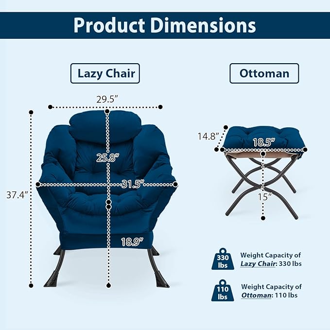 Lazy Chair with Folding Ottoman, Accent Chair Velvet Upholstered with Metal Structure and Non-Slip Pads, Sofa Armchair with Footrest and Side Storage Bag for Dorm, Room, Office, Blue - LeafyLoom