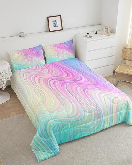 Pastel Rainbow Comforter Set with Pillowcases Abstract Wave Stripes 3D Printed Designs 3 Piece Bedroom Duvet Set Psychedelic Girl Bed Down Comforter for Kids Women Dorm Room (King,Coulourful Marble) - LeafyLoom