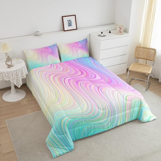 Pastel Rainbow Comforter Set with Pillowcases Abstract Wave Stripes 3D Printed Designs 3 Piece Bedroom Duvet Set Psychedelic Girl Bed Down Comforter for Kids Women Dorm Room (King,Coulourful Marble) - LeafyLoom