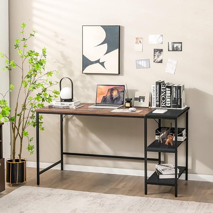 Multifunctional Computer Desk, Industrial Study Writing Desk w/Removable Storage Shelf, Heavy-Duty Metal Frame, 55 Inch Desk for Home Office, Gaming Room, Bedroom (Rustic Brown) - LeafyLoom