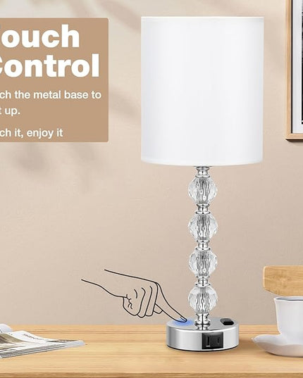 Acaxin Touch Bedside Crystal Lamps for Bedrooms Nightstand with USB C+A Charging Port and AC Outlet White, 3 Way Dimmable Silver Large End Side Table Lamp for Living/Guest/Dinning Room/Kitchen - LeafyLoom