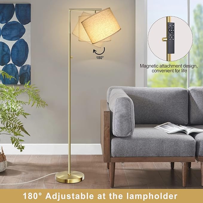Dimmable Floor Lamp, 4-Color Temperature Modern Standing Lamp with Remote Control & Beige Shade, Tall Pole Floor Lamp for Living Room, Bedroom, Study Room, Office (LED Bulb Included) - Gold - LeafyLoom