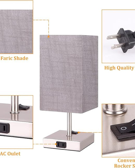 Dott Arts Small Table Lamp for Bedroom Set of 2,2700K 4000k 5000K Nightstand Lamps with AC Outlets，Minimalist Bedside Lamp with Square Shade,Night Light Lamp for Living Room Kids Room Office(Nickle) - LeafyLoom