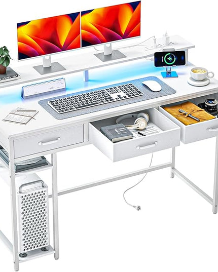 Computer Desk with Drawers and Storage Shelves, Home Office Desk with LED Lights & Power Outlets, Gaming Desk with Monitor Stand, Writing Study Desk, Kids Small Desk for Bedroom, White - LeafyLoom