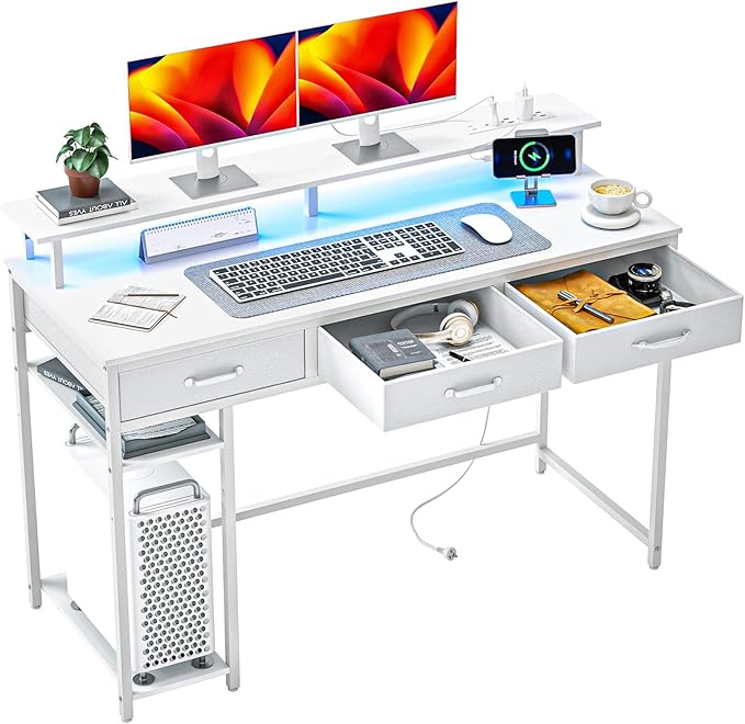 Computer Desk with Drawers and Storage Shelves, Home Office Desk with LED Lights & Power Outlets, Gaming Desk with Monitor Stand, Writing Study Desk, Kids Small Desk for Bedroom, White - LeafyLoom