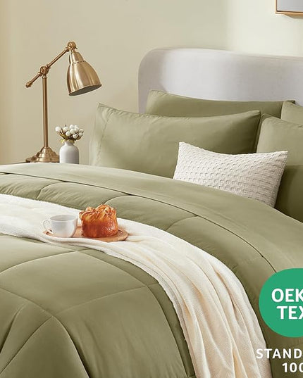 CozyLux King Size Comforter Set - 7 Pieces Bed in a Bag Set Olive Green, King Bedding Set with All Season Quilted Comforter, Flat Sheet, Fitted Sheet, Pillowcases - LeafyLoom